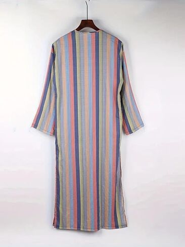 Striped Nightshirt for Men Long Sleeves Button Down Henley Shirts with Pockets, Kaftan Thobe Splits Long Gown in Saudi Arabia
