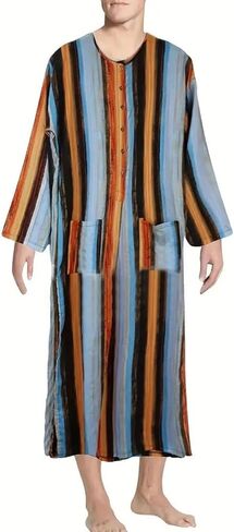 Striped Nightshirt for Men Long Sleeves Button Down Henley Shirts with Pockets, Kaftan Thobe Splits Long Gown in Saudi Arabia