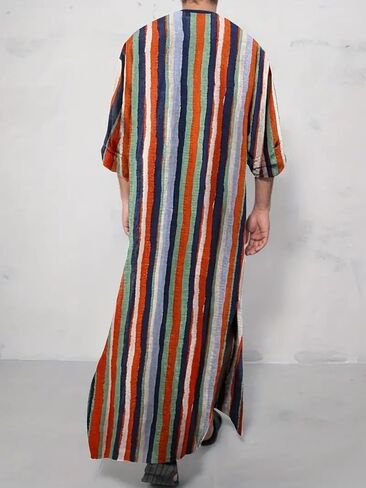 Striped Nightshirt for Men Long Sleeves Button Down Henley Shirts with Pockets, Kaftan Thobe Splits Long Gown in Saudi Arabia