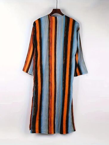 Striped Nightshirt for Men Long Sleeves Button Down Henley Shirts with Pockets, Kaftan Thobe Splits Long Gown in Saudi Arabia