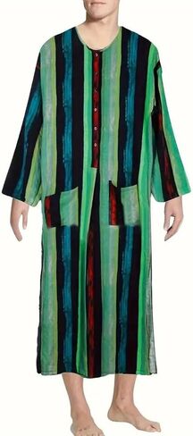 Striped Nightshirt for Men Long Sleeves Button Down Henley Shirts with Pockets, Kaftan Thobe Splits Long Gown in Saudi Arabia