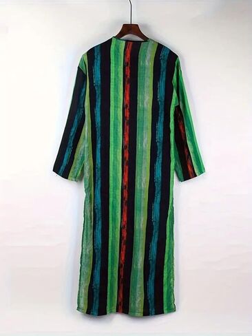 Striped Nightshirt for Men Long Sleeves Button Down Henley Shirts with Pockets, Kaftan Thobe Splits Long Gown in Saudi Arabia