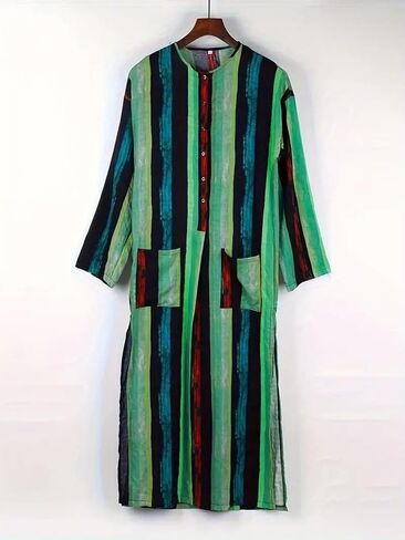 Striped Nightshirt for Men Long Sleeves Button Down Henley Shirts with Pockets, Kaftan Thobe Splits Long Gown in Saudi Arabia