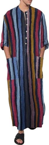 Striped Nightshirt for Men Long Sleeves Button Down Henley Shirts with Pockets, Kaftan Thobe Splits Long Gown in Saudi Arabia