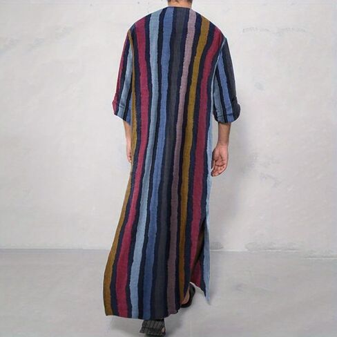 Striped Nightshirt for Men Long Sleeves Button Down Henley Shirts with Pockets, Kaftan Thobe Splits Long Gown in Saudi Arabia