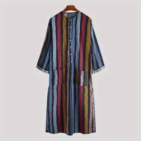Striped Nightshirt for Men Long Sleeves Button Down Henley Shirts with Pockets, Kaftan Thobe Splits Long Gown in Saudi Arabia