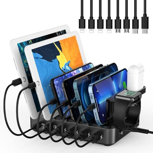 Charging Station for Multiple Devices,75W 5 Ports Wireless Charging Station with PD 20W USB-C & QC 3.0,7 Short Charging Cables Included for iPhone iPad,Tablets in Saudi Arabia