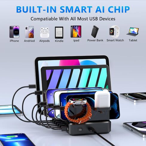 Charging Station for Multiple Devices,75W 5 Ports Wireless Charging Station with PD 20W USB-C & QC 3.0,7 Short Charging Cables Included for iPhone iPad,Tablets in Saudi Arabia