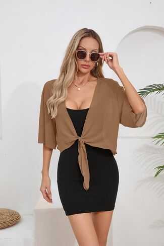 TASAMO Women's 2025 Summer Lightweight Short Bolero Cardigan Shrug Sheer Tie Front Top 3/4 Sleeve Jacket for Dress in Kuwait