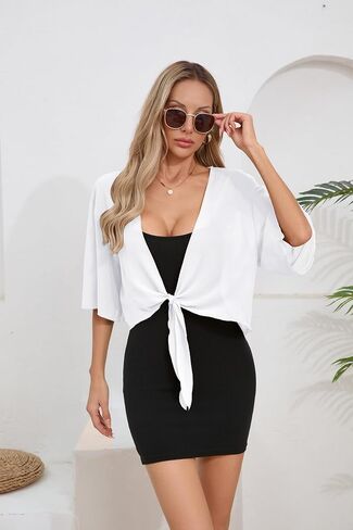 TASAMO Women's 2025 Summer Lightweight Short Bolero Cardigan Shrug Sheer Tie Front Top 3/4 Sleeve Jacket for Dress in Kuwait