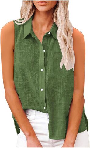 Womens Sleeveless Button Down Shirts Cotton Linen Blouses Solid Color V Neck Collared Work Tank Tops Summer Clothes in Saudi Arabia