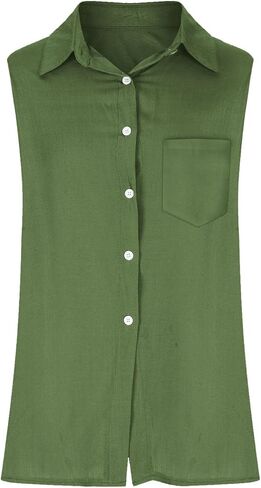 Womens Sleeveless Button Down Shirts Cotton Linen Blouses Solid Color V Neck Collared Work Tank Tops Summer Clothes in Saudi Arabia