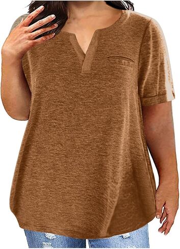 Plus Size V Neck T Shirts Women Summer Short Sleeve Tops Casual Loose Soft Tee Shirt Solid Basic Holiday Tunic Blouse in Saudi Arabia