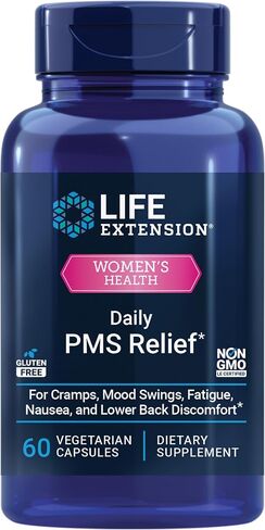 Life Extension Daily PMS Relief, Menstrual Comfort Supplement, PMS-Related Cramps, Lower Back discomfort, Mood, Ginger, Magnesium, B6, Gluten-Free, Non-GMO, 60 Capsules in Saudi Arabia