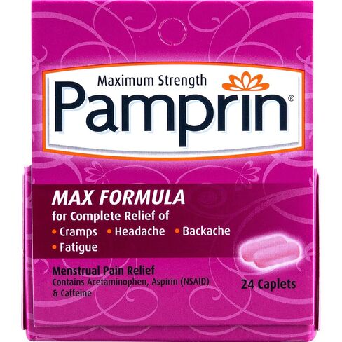 Pamprin Max Pain + Energy ، تخفيف آلام الحيض ، الأسيتامينوفين ، الأسبرين (NSAID) ، الكافيين ، 24 كابليت in Kuwait