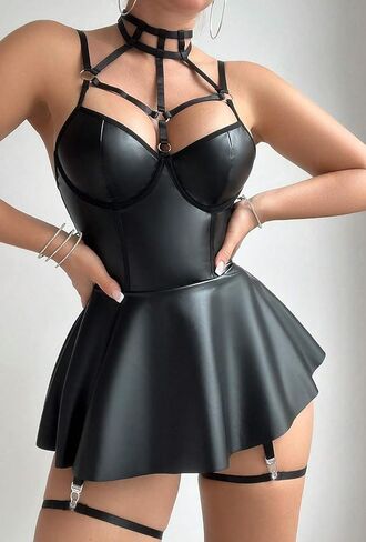 مثير لجلد من الجلد underwire underwire lingerie clubwear فستان ليلية يلبس تنورة babydoll chemise in Kuwait