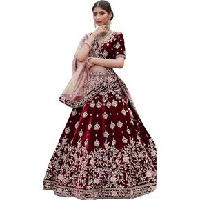 TRENDMALLS Women 's Maroon Velvet Embroidery Sequence Work Bridal Lehenga Choli with Dupatta For Women in Saudi Arabia