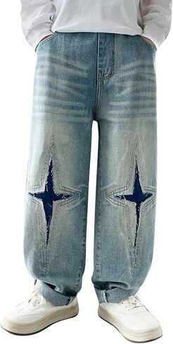 Baggy Ripped Jeans for Boys Kids Streetwear Hip Hop Jeans Wide Leg Skater Denim Y2K Pants Teen High Waist Loose Long Trousers in Saudi Arabia