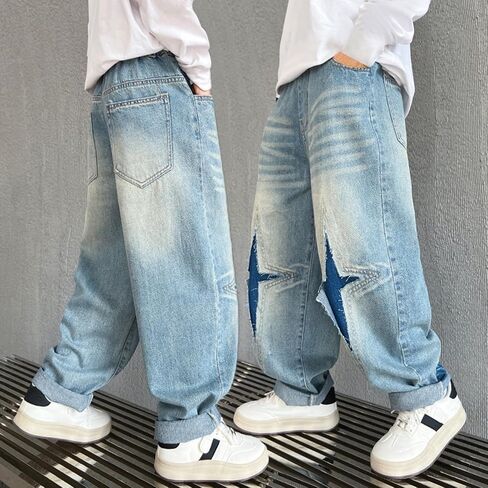 Baggy Ripped Jeans for Boys Kids Streetwear Hip Hop Jeans Wide Leg Skater Denim Y2K Pants Teen High Waist Loose Long Trousers in Saudi Arabia