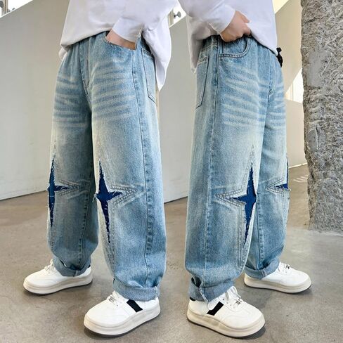 Baggy Ripped Jeans for Boys Kids Streetwear Hip Hop Jeans Wide Leg Skater Denim Y2K Pants Teen High Waist Loose Long Trousers in Saudi Arabia