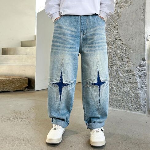 Baggy Ripped Jeans for Boys Kids Streetwear Hip Hop Jeans Wide Leg Skater Denim Y2K Pants Teen High Waist Loose Long Trousers in Saudi Arabia