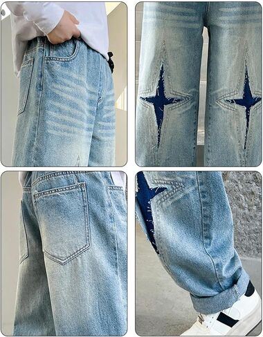 Baggy Ripped Jeans for Boys Kids Streetwear Hip Hop Jeans Wide Leg Skater Denim Y2K Pants Teen High Waist Loose Long Trousers in Saudi Arabia