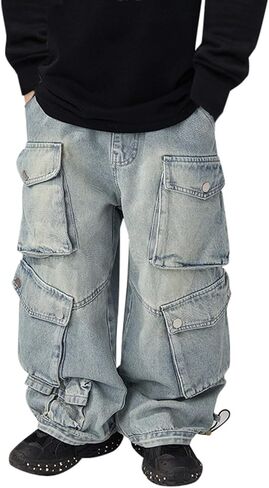 Kids Boys Denim Cargo Pants Teen Adjustable Elastic Waist Fashion Y2k Jeans with Pockets Boy Stretchy Comfy Casual Trousers in Saudi Arabia