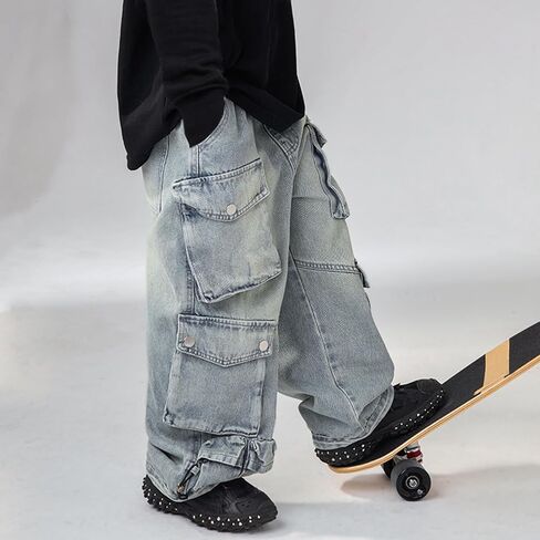 Kids Boys Denim Cargo Pants Teen Adjustable Elastic Waist Fashion Y2k Jeans with Pockets Boy Stretchy Comfy Casual Trousers in Saudi Arabia