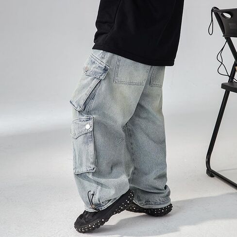 Kids Boys Denim Cargo Pants Teen Adjustable Elastic Waist Fashion Y2k Jeans with Pockets Boy Stretchy Comfy Casual Trousers in Saudi Arabia