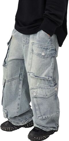 Kids Boys Denim Cargo Pants Teen Adjustable Elastic Waist Fashion Y2k Jeans with Pockets Boy Stretchy Comfy Casual Trousers in Saudi Arabia