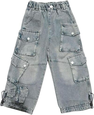 Kids Boys Denim Cargo Pants Teen Adjustable Elastic Waist Fashion Y2k Jeans with Pockets Boy Stretchy Comfy Casual Trousers in Saudi Arabia