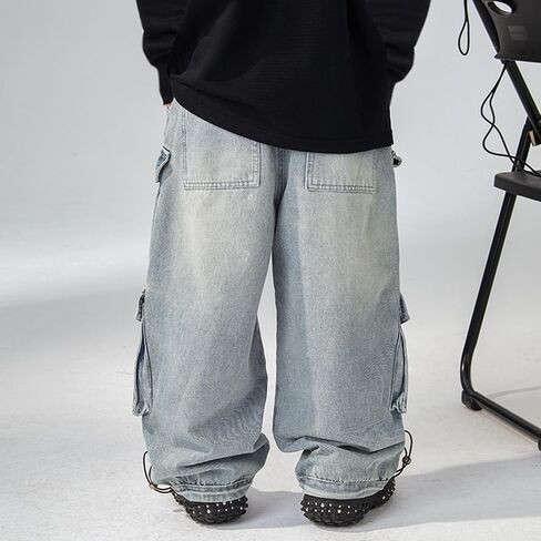 Kids Boys Denim Cargo Pants Teen Adjustable Elastic Waist Fashion Y2k Jeans with Pockets Boy Stretchy Comfy Casual Trousers in Saudi Arabia