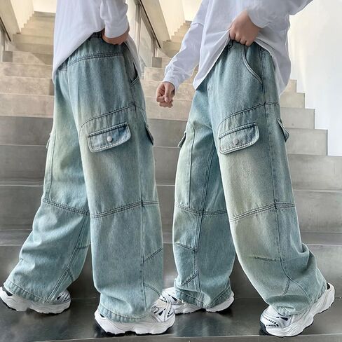 Baggy Cargo Jeans for Boys Wide Leg Hip Hop Jean Joggers Loose Denim Pants Youth Casual Streetwear Biker Skateboard Trousers in Saudi Arabia