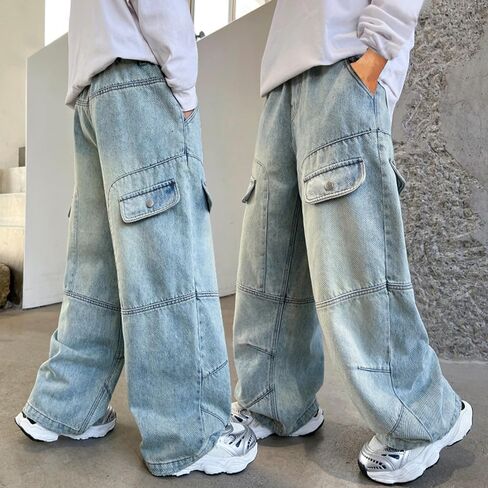 Baggy Cargo Jeans for Boys Wide Leg Hip Hop Jean Joggers Loose Denim Pants Youth Casual Streetwear Biker Skateboard Trousers in Saudi Arabia