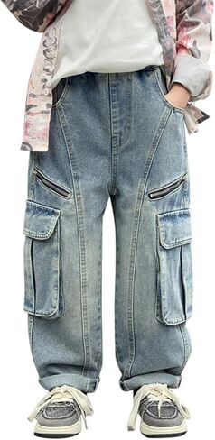 Boys Stretch Cargo Pants Kids High Waist Baggy Denim Jeans with Zipper Pockets Teen Vintage Straight Leg Y2K Trendy Trousers in Saudi Arabia