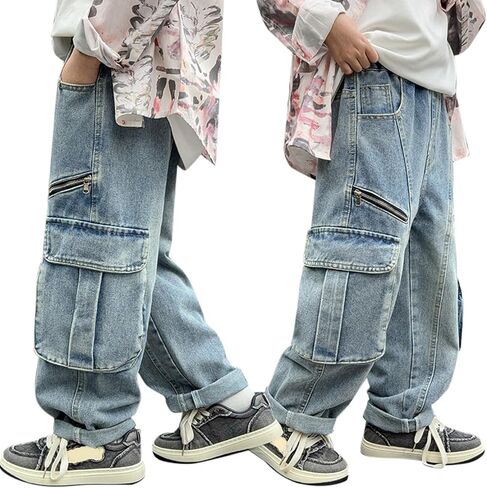Boys Stretch Cargo Pants Kids High Waist Baggy Denim Jeans with Zipper Pockets Teen Vintage Straight Leg Y2K Trendy Trousers in Saudi Arabia