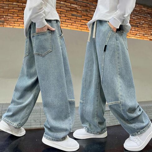 Boys Irregular Sutures Jeans Teen Adjustable Drawstring Vintage Y2k Streetwear Kids Baggy Elastic Wasit Fashion Denim Clothes in Saudi Arabia