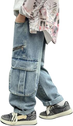 Boys Stretch Cargo Pants Kids High Waist Baggy Denim Jeans with Zipper Pockets Teen Vintage Straight Leg Y2K Trendy Trousers in Saudi Arabia