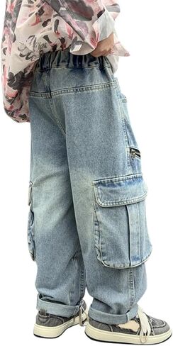 Boys Stretch Cargo Pants Kids High Waist Baggy Denim Jeans with Zipper Pockets Teen Vintage Straight Leg Y2K Trendy Trousers in Saudi Arabia