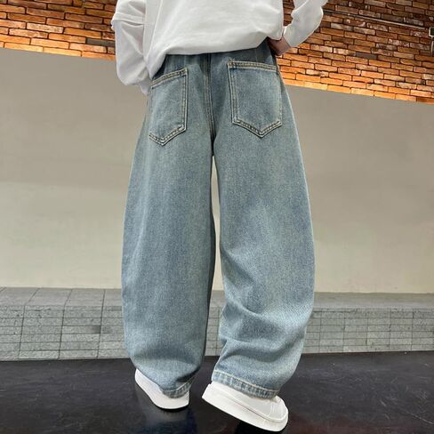 Boys Irregular Sutures Jeans Teen Adjustable Drawstring Vintage Y2k Streetwear Kids Baggy Elastic Wasit Fashion Denim Clothes in Saudi Arabia