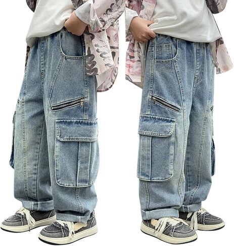 Boys Stretch Cargo Pants Kids High Waist Baggy Denim Jeans with Zipper Pockets Teen Vintage Straight Leg Y2K Trendy Trousers in Saudi Arabia
