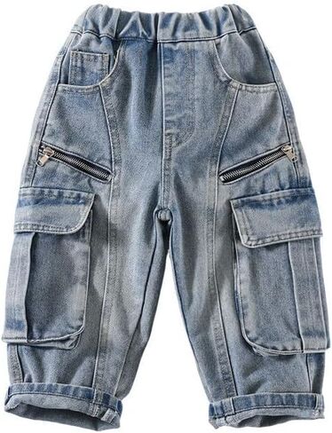 Boys Stretch Cargo Pants Kids High Waist Baggy Denim Jeans with Zipper Pockets Teen Vintage Straight Leg Y2K Trendy Trousers in Saudi Arabia