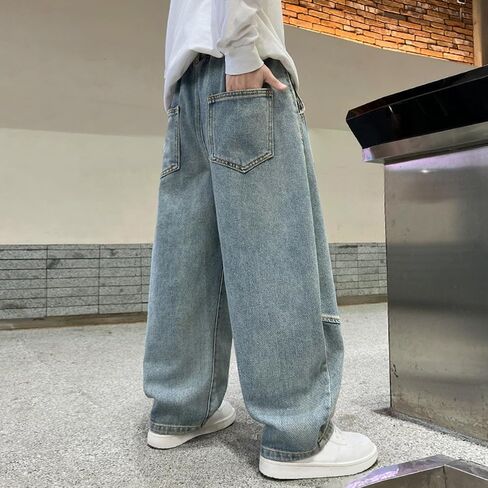 Boys Irregular Sutures Jeans Teen Adjustable Drawstring Vintage Y2k Streetwear Kids Baggy Elastic Wasit Fashion Denim Clothes in Saudi Arabia