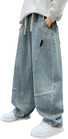 Boys Irregular Sutures Jeans Teen Adjustable Drawstring Vintage Y2k Streetwear Kids Baggy Elastic Wasit Fashion Denim Clothes in Saudi Arabia