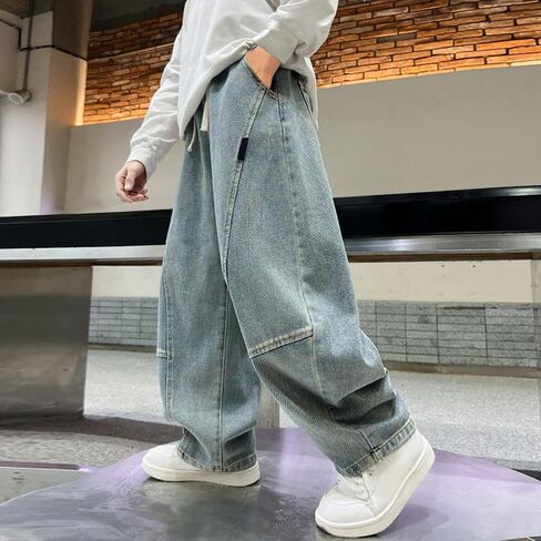 Boys Irregular Sutures Jeans Teen Adjustable Drawstring Vintage Y2k Streetwear Kids Baggy Elastic Wasit Fashion Denim Clothes in Saudi Arabia