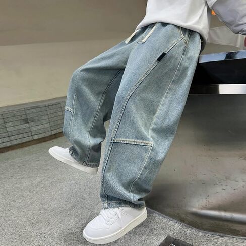 Boys Irregular Sutures Jeans Teen Adjustable Drawstring Vintage Y2k Streetwear Kids Baggy Elastic Wasit Fashion Denim Clothes in Saudi Arabia