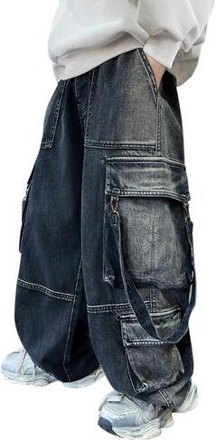 Boys Cargo Jeans Kids Elastic Waisted Stretchy Wide Leg Y2k Denim Pants with Pockets Youth Vintage Baggy Hip Hop Streetwear in Saudi Arabia