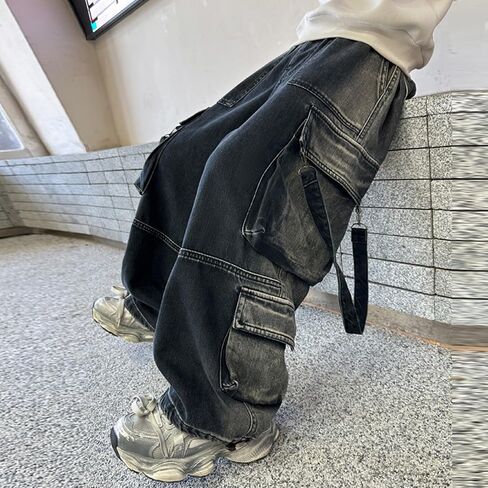 Boys Cargo Jeans Kids Elastic Waisted Stretchy Wide Leg Y2k Denim Pants with Pockets Youth Vintage Baggy Hip Hop Streetwear in Saudi Arabia