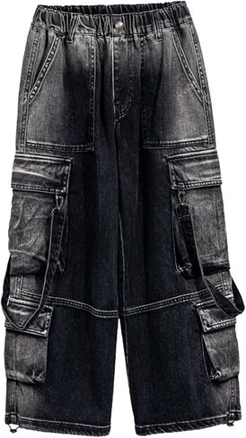 Boys Cargo Jeans Kids Elastic Waisted Stretchy Wide Leg Y2k Denim Pants with Pockets Youth Vintage Baggy Hip Hop Streetwear in Saudi Arabia