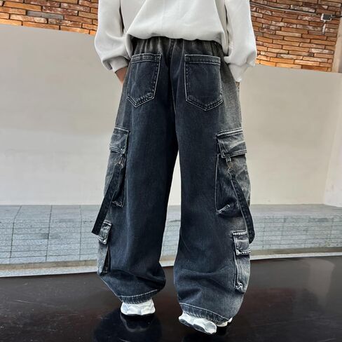 Boys Cargo Jeans Kids Elastic Waisted Stretchy Wide Leg Y2k Denim Pants with Pockets Youth Vintage Baggy Hip Hop Streetwear in Saudi Arabia